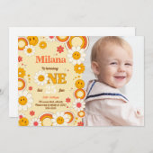 デイジーフラワーファースト誕生日フォト招待状カード 招待状 (正面/裏面)