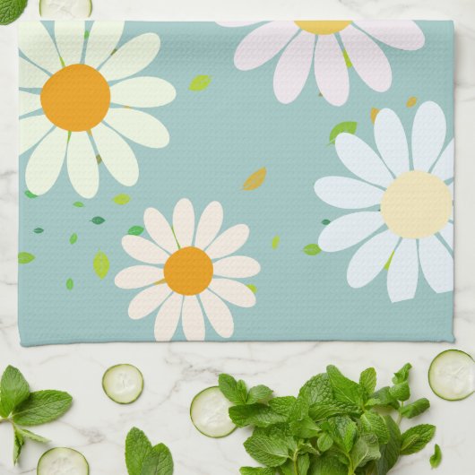 デイジーフラワーフローラルパターガーリーンレインボーパステル キッチンタオル (折り畳み)