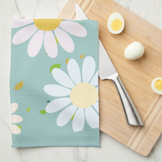 デイジーフラワーフローラルパターガーリーンレインボーパステル キッチンタオル (四つ折り)
