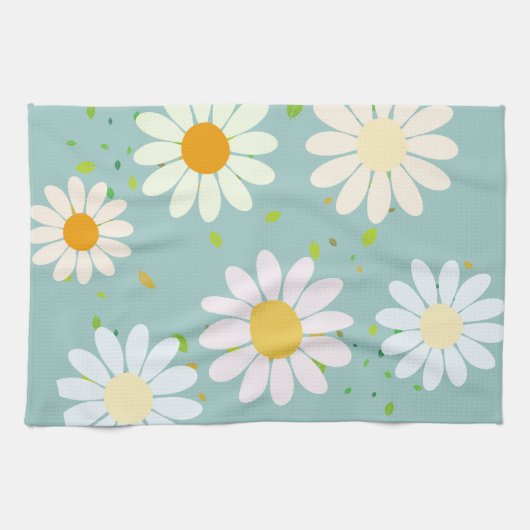デイジーフラワーフローラルパターガーリーンレインボーパステル キッチンタオル (横)