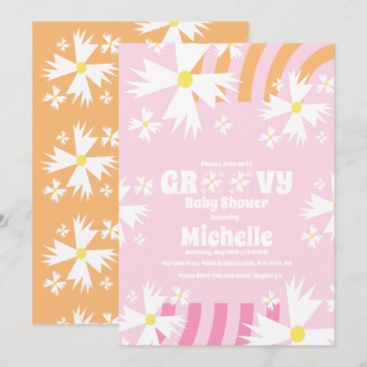 デイジーフラワーレトロウェイ2つのグルービーベイビーシャワー カード (正面/裏面)