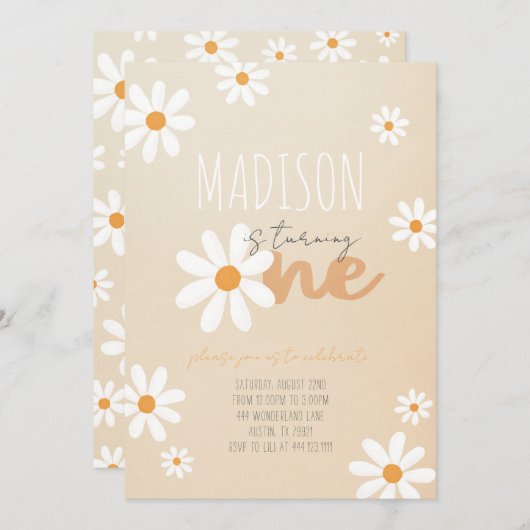 デイジーフラワーレトロ誕生日パーティーへの招待 招待状 (正面/裏面)