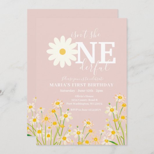 デイジーフラワー1歳の誕生日 招待状 (正面/裏面)