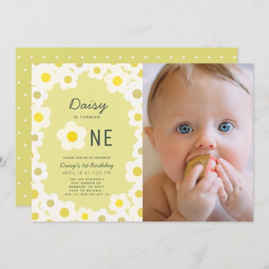 デイジーフローライエローフォト1st誕生日招待状 招待状 (正面/裏面)