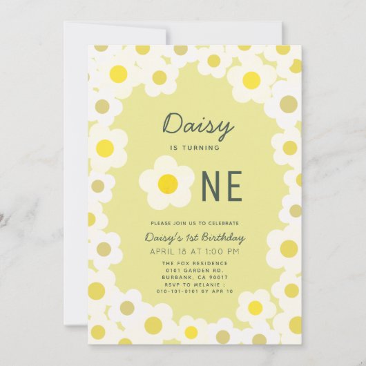 デイジーフローライエロー1歳の誕生日 招待状 (正面)