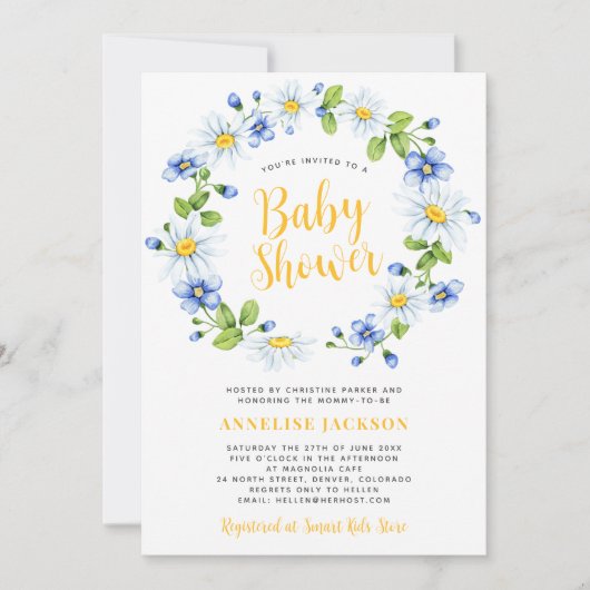 デイジーフローラエレガント男女兼用の赤ちゃん 招待状 (正面)