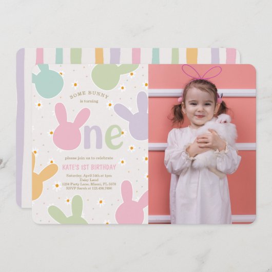 デイジーフローラバニー1stバースデーフォト 招待状 (正面/裏面)