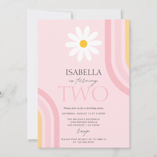 デイジーフローラレトロピンクツーバースデーパーティー 招待状 (正面)