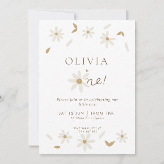 デイジーフローラ最初の誕生日招待状 – 白 招待状 (正面)