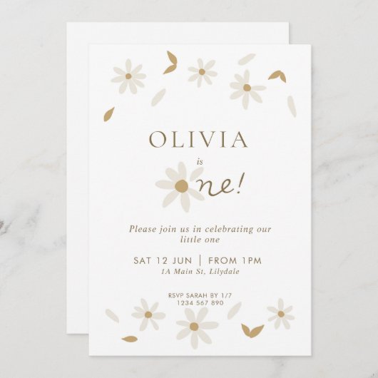 デイジーフローラ最初の誕生日招待状 – 白 招待状 (正面/裏面)