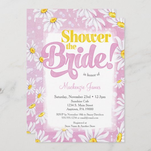 デイジーブライダルシャワー招待ピンクイエローフローラ 招待状 (正面/裏面)