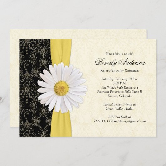 デイジーブラックイエロー、アイボリー退職招待状 招待状 (正面/裏面)