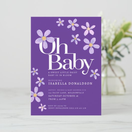 デイジーベビーシャワーああベビー紫招待状 招待状 (スタンド正面)