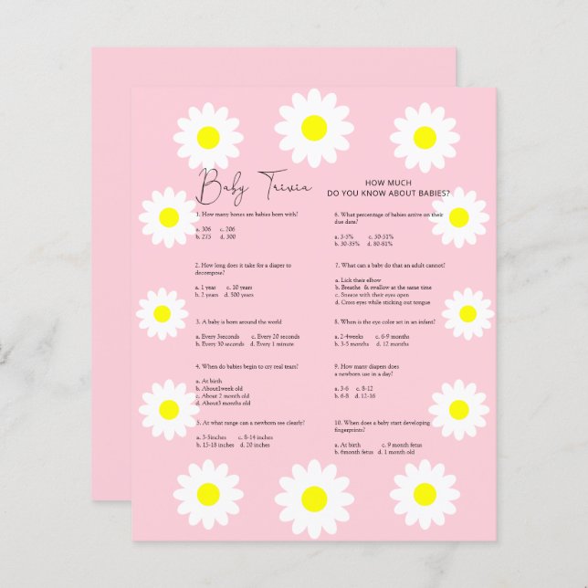 デイジーベビートリビア |赤ちゃんシャワーゲーム (正面/裏面)