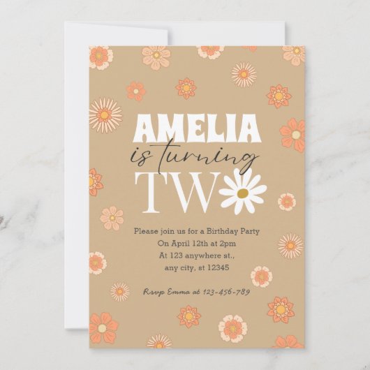 デイジーベージュトゥーセカンドバースデー招待状 招待状 (正面)