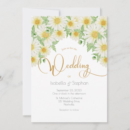 デイジーホワイトイエローフローラス結婚クリプトの起動 招待状 (正面)