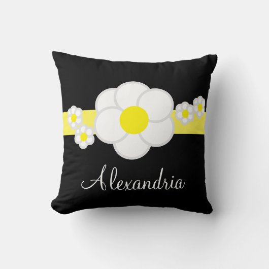 デイジーホワイトブラックイエローストライプ クッション (正面)