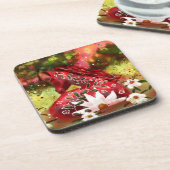 デイジーホース抽象芸術アートレッドホワイトグリーンフローラ コースター (左側)