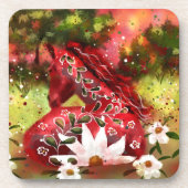 デイジーホース抽象芸術アートレッドホワイトグリーンフローラ コースター (正面)