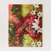 デイジーホース抽象芸術アートレッドホワイトグリーンフローラ ジグソーパズル (縦)