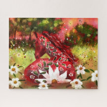 デイジーホース抽象芸術アートレッドホワイトグリーンフローラ