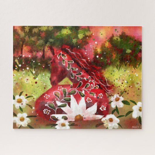 デイジーホース抽象芸術アートレッドホワイトグリーンフローラ ジグソーパズル (横)