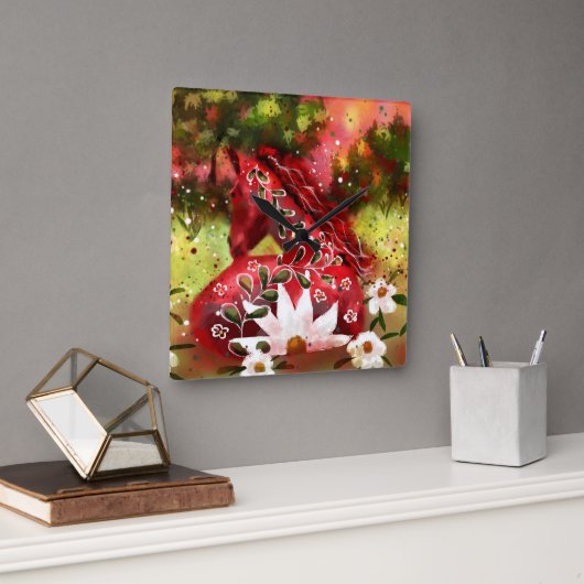 デイジーホース抽象芸術アートレッドホワイトグリーンフローラ スクエア壁時計 (オフィス)