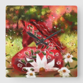 デイジーホース抽象芸術アートレッドホワイトグリーンフローラ スクエア壁時計 (正面)