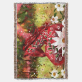 デイジーホース抽象芸術アートレッドホワイトグリーンフローラ スローブランケット (正面縦)