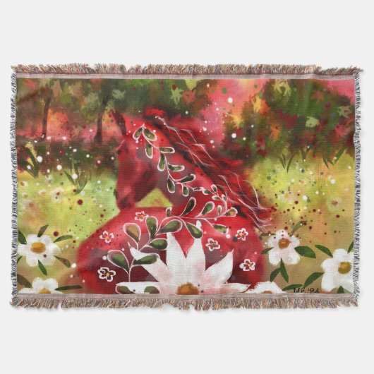デイジーホース抽象芸術アートレッドホワイトグリーンフローラ スローブランケット (正面)