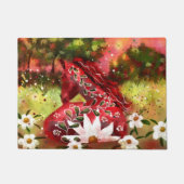 デイジーホース抽象芸術アートレッドホワイトグリーンフローラ ドアマット (正面)