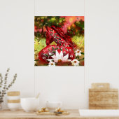 デイジーホース抽象芸術アートレッドホワイトグリーンフローラ ポスター (キッチン)