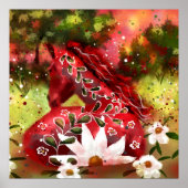 デイジーホース抽象芸術アートレッドホワイトグリーンフローラ ポスター (正面)