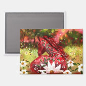 デイジーホース抽象芸術アートレッドホワイトグリーンフローラ マグネット (正面/裏面)