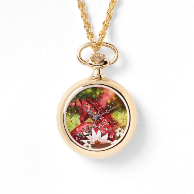 デイジーホース抽象芸術アートレッドホワイトグリーンフローラ 腕時計 (正面)