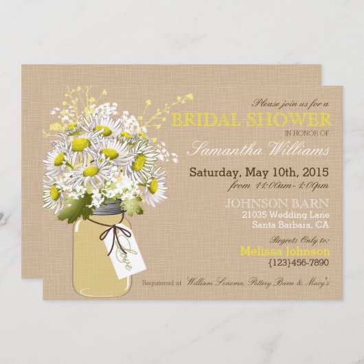 デイジーメイソンジャーバーラップ素朴ブライダルシャワー 招待状 (正面/裏面)