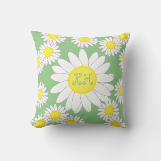 デイジーモノグラムグリーンホワイトとイエロー クッション (正面)