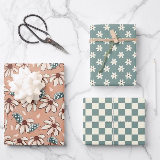 デイジーラディバグとチェッカーボード ラッピングペーパーシート (正面)