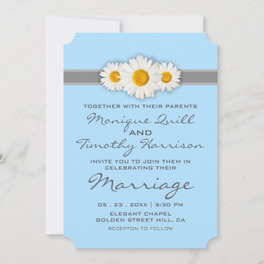 デイジーリボンブルー結婚式招待状カード 招待状 (正面)