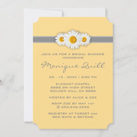 デイジーリボン – イエローグレー&ホワイトブライダルシャワー 招待状 (正面)