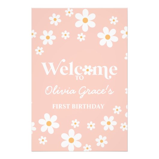 デイジーレトロピンクの最初の誕生日へようこそ フォトプリント            (正面)
