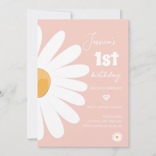 デイジーレトロボホパーティーピンクガールファースト誕生日 招待状 (正面)