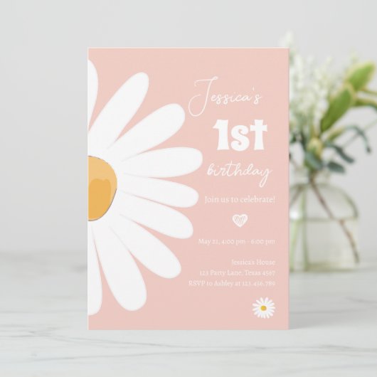 デイジーレトロボホパーティーピンクガールファースト誕生日 招待状 (スタンド正面)