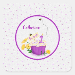 デイジーワイルドフラワーガール1stバースデーパープルステッカー スクエアシール