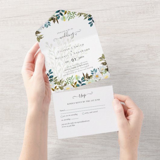 デイジーワイルドフラワーグリーン結婚リー オールインワン招待状 (貼ってはがせる)