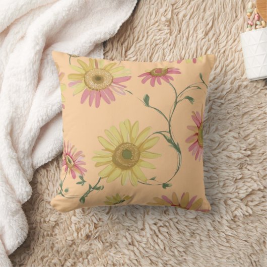 デイジーワイルドフラワーピンク&イエローパターンオン クッション (ブランケット)