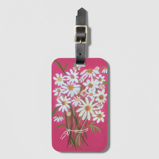 デイジーワイルドフラワーブーケ水彩ピンク ラゲッジタグ (正面縦)