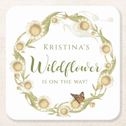 デイジーワイルドフラワーベビーイン開花ベビーシャワー スクエアペーパーコースター (正面)