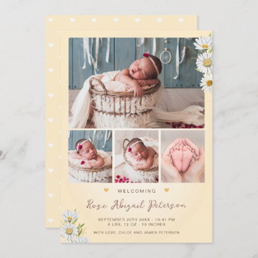 デイジーワイルドフラワー生まれたばかりの歓迎ベビーガール誕生 案内状 (正面/裏面)