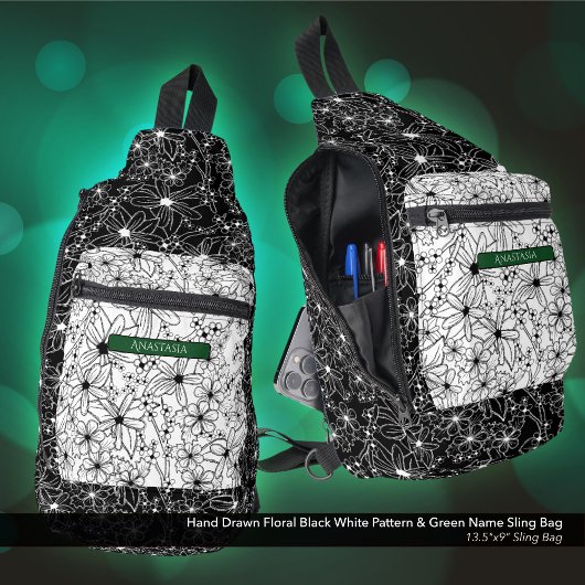 デイジーワイルドフラワー白黒パターン&グリーン名 スリングバッグ